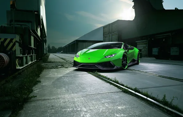 Обои green, свет, Lamborghini, tuning, Spyder, Novitec, Torado, Huracan, передок, car, авто, небо