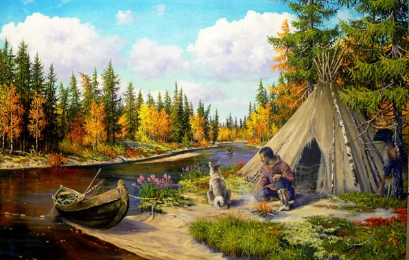 Обои собака, лодка, Андрей Лях, арт, природа, охотник, тайга, река