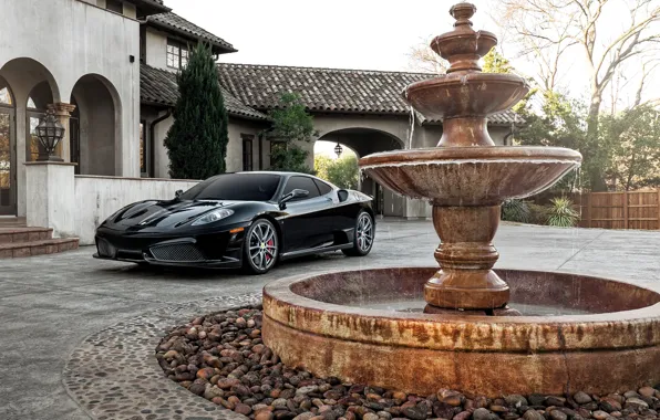 Обои феррари, Black, F430, Ferrari, суперкар, дом, черная, фонтан