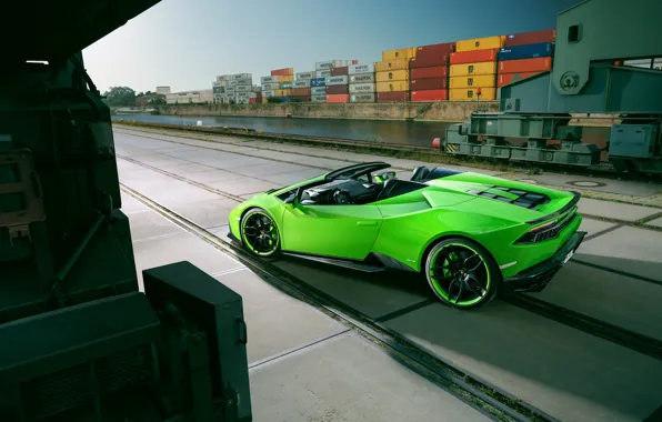 Обои Lamborghini, port, Spyder, автомобиль, Novitec, Torado, Huracan, порт, car, green, небо, контейнеры
