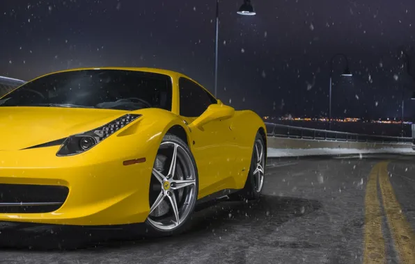 Обои Yellow, Nigth, Ligth, Ferrari, 458, Snow, Road, Supercar, Front, Wheels, Italia
