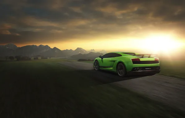 Обои Lamborghini, Superleggera, Gallardo, LP 570-4, Green, Sunset, Rear, Road, Speed