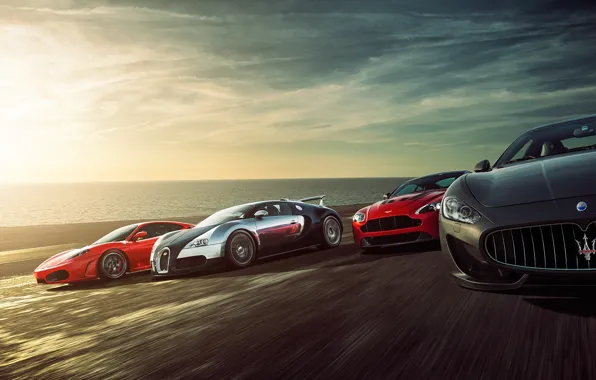 Обои Aston Martin Vantage, Sea, Bugatti Veyron, Ferrari F430, Sunset, Maserati Grant Turismo, Speed, Supercars