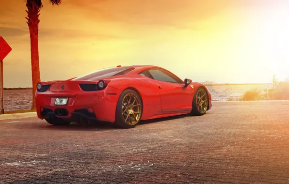 Обои Red, Sea, Ferrari, 458, Sun, Sunset, Rear, Supercar, Italia