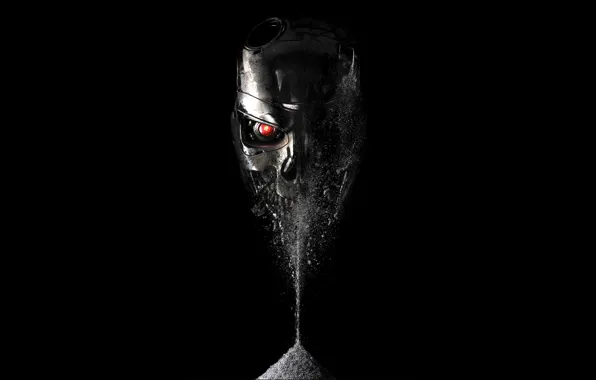 Обои красный, глаз, Terminator: Genisys, Терминатор: Генезис, терминатор, прах, сыпется, черный фон, череп, фантастика
