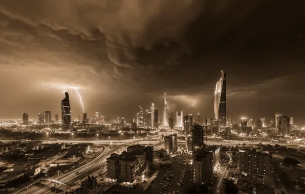 Обои молнии, шторм, Кувейт, дома, буря, небоскрёбы, гроза, вечер, ночь, небо, они
