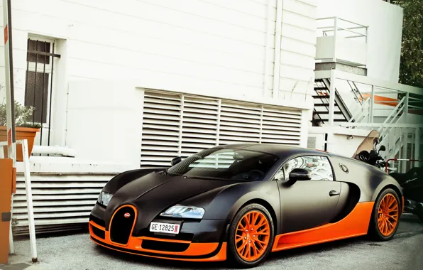 Обои veyron, бугатти, supercar, суперкар, суперспорт, building, вейрон, Bugatti, supersport, черный. оранжевый, 16.4, дом, black, orange
