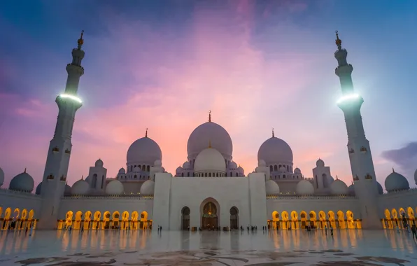 Обои минарет, свет, мечеть, площадь, Grand mosque, abu dhabi, Абу-Даби, небо