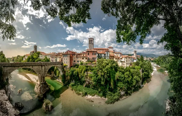 Обои Friuli-Venezia Giulia, Чёртов мост, река, мост, Италия, Devil's Bridge, деревья, панорама, здания, Фриули-Венеция-Джулия, Cividale del ...