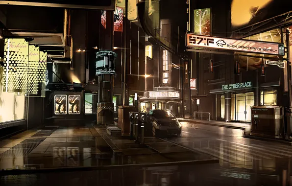 Обои улица, Square enix, Деус Экс, Deus Ex Human revolution, киберпанк, детройт, detroit