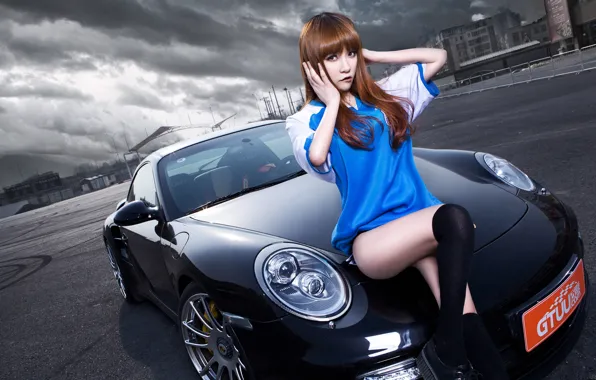 Обои Porsche 911 Turbo S, автомобиль, девушка, korean model, машина, авто, модель, азиатка