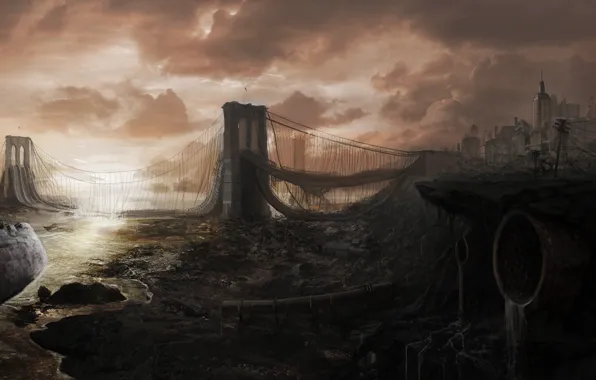 Обои корабль, мост, постапокалипсис, руины, город, разруха