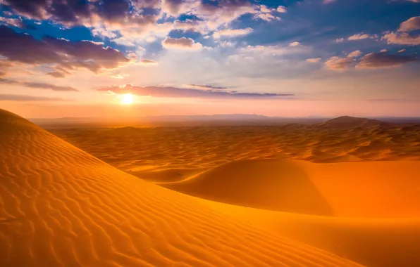 Обои Сахара, бархан, солнце, пустыня, Марокко, закат, песок