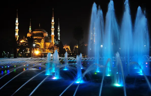 Обои София, минарет, мечеть, огни, Стамбул, ночь, Турция, фонтан