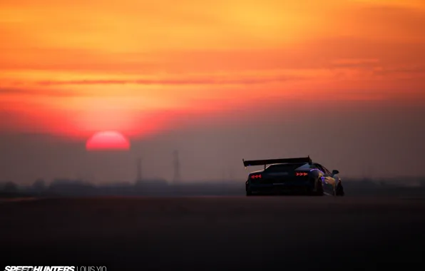Обои солнце, Super Trofeo, огни, вид сзади, Gallardo, трек, Lamborghini, утро