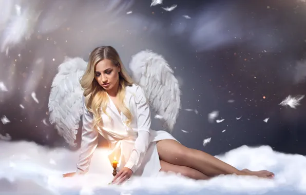 Обои ангел, Полина Таран, Сергей Майбога, крылья, свеча, перья
