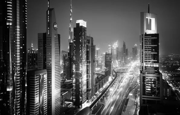 Обои чёрно - белое фото, город, ОАЭ, ночь, свет, Дубай, огни