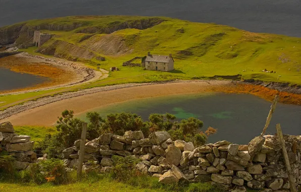 Обои камни, полуостров, озеро Эриболл, Шотландия, дом, забор