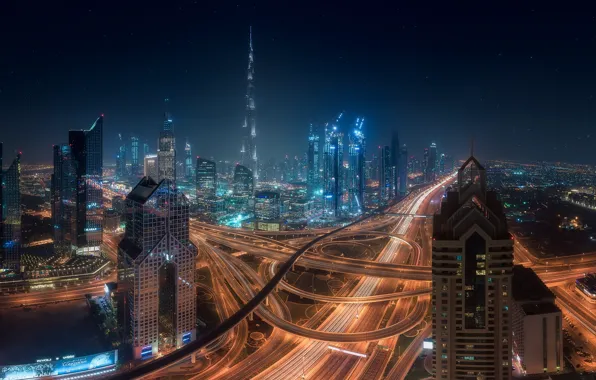Обои Дубай, город, ночь, ОАЭ, огни