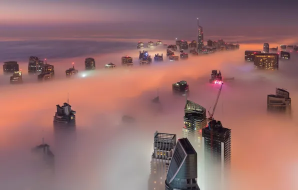 Обои Дубай, город, ОАЭ, туман, ночь, свет, вечер