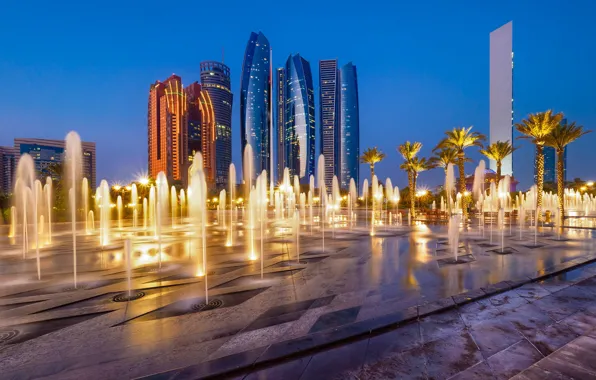 Обои небоскреб, дома, ОАЭ, фонтан, Абу-Даби
