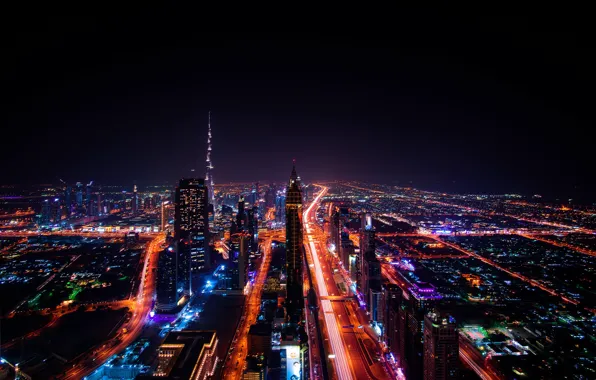 Обои ОАЭ, Дубай, панорама, дома, улицы, ночь, огни