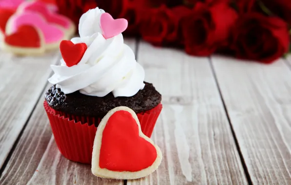 Обои wood, пирожное, капкейк, cupcake, День святого Валентина, Valentine's Day, sweets, cake, праздник