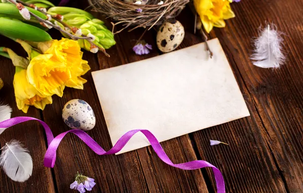 Обои decoration, гнездо, Easter, Пасха, happy, перья, flowers, spring, eggs, цветы