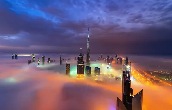 Обои Дубай, город, ОАЭ, туман, ночь, огни