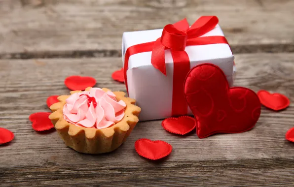 Обои wood, heart, корзиночка, love, пирожное, крем, romantic, gift, любовь, сердечки, Valentine's Day, сердце, подарок