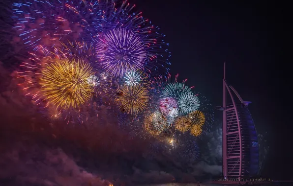 Обои Дубай, город, ОАЭ, салюты, новый год, феерверки