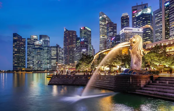 Обои город, MERLION PARK, фонтан, Сингапур, SINGAPORE