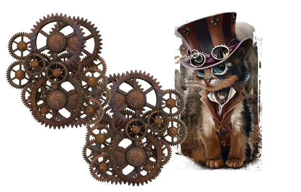 Обои кот, очки, детская, Steampunk, стимпанк, арт, минимализм, механизм, шляпа