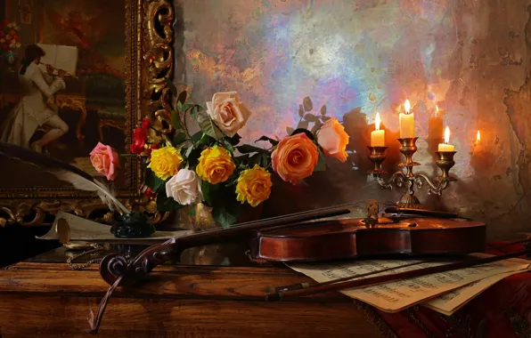 Обои цветы, ноты, перо, скрипка, розы, картина, свечи, ваза, столик, still life, чернильница, Andrey Morozov, Андрей ...