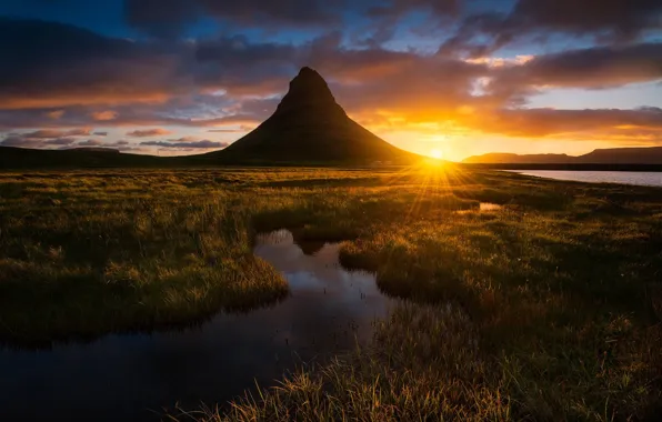 Обои Исландия, свет, вечер, солнце, гора