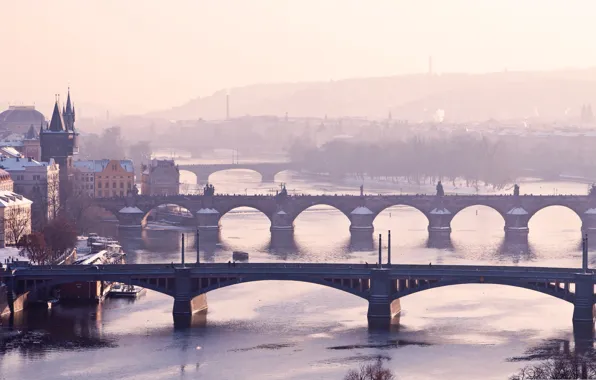 Обои мосты, Прага, Чехия, зима, туман, Влтава, река