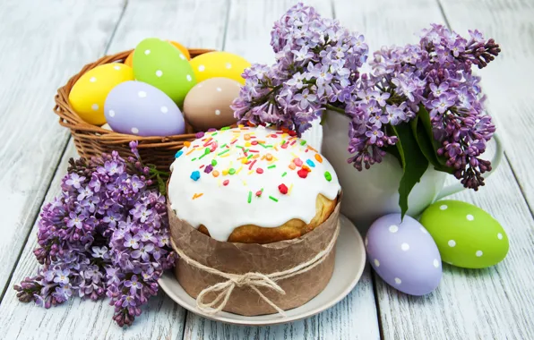 Обои decoration, сирень, Easter, Пасха, яйца крашеные, eggs, цветы, Happy, spring, flowers, кулич