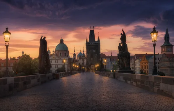 Обои небо, Прага, вечер, огни, город, мост, свет, утро