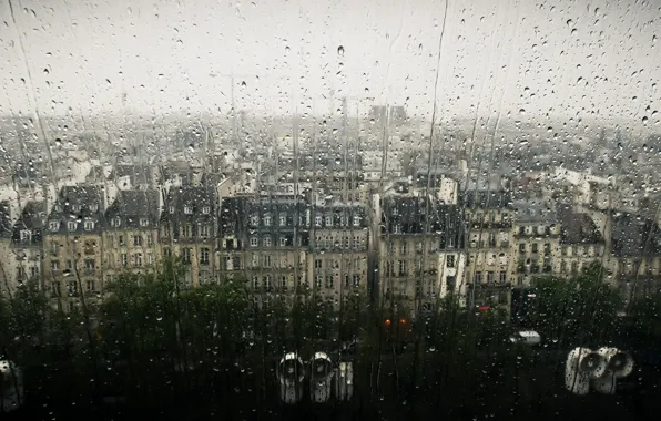 Обои дождь, окно, город, капли