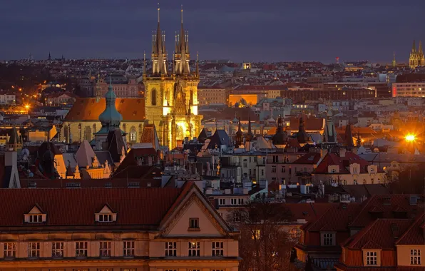 Обои панорама, дома, Чехия, ночь, Прага, огни