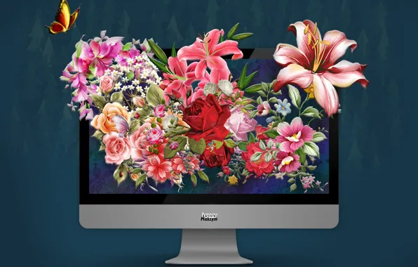 Обои photoshop, mac, monitor, фотошоп, монитор, apple, мир, photo, цветы