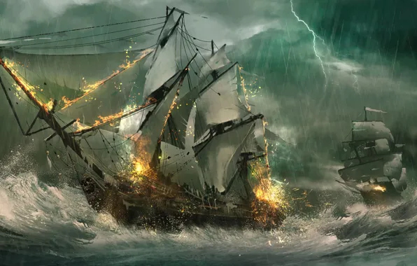 Обои шторм, молния, корабли, фрегаты, море, волны, парусники, Julian Calle, морской бой