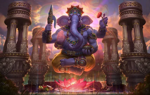 Обои слон, арт, Jon Neimeister, Ганеша, лотос, Ganesha