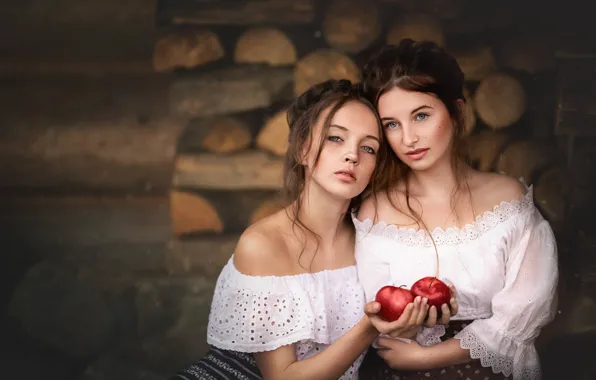 Обои девушки, яблоки, Krzysztof Maria Slowinski, две девушки, настроение, блузки