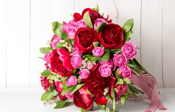 Обои розовый, розы, букет, лента, пионы, красный, цветы