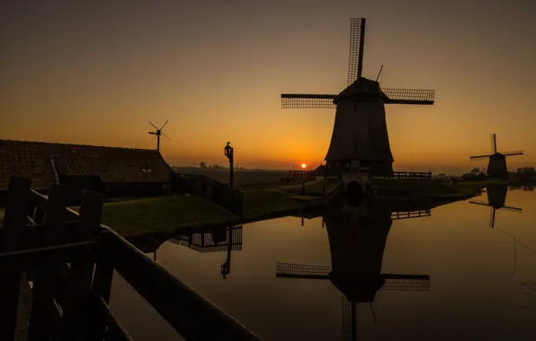 Обои закат, вечер, канал, Нидерланды, ветряная мельница, Схермер