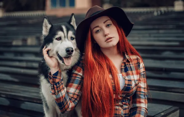 Обои собака, взгляд, шляпа, рыжая, Hakan Erenler, хаски, Виктория Белова, девушка, рыжеволосая, длинные волосы