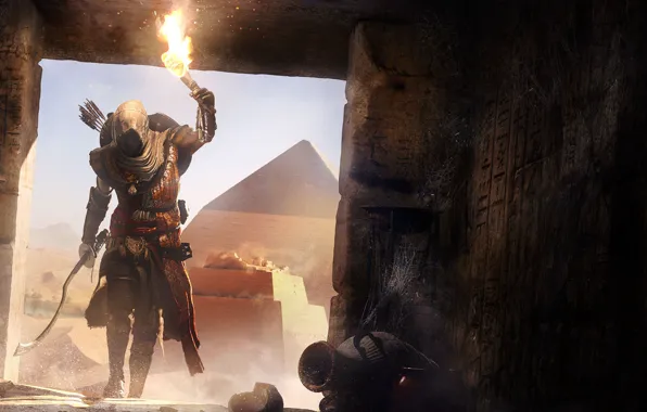 Обои пирамида, склеп, Египет, факел, ассасин, Assassin's Creed Origins, Assassin's Creed