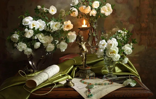 Обои ноты, розы, свеча, ожерелье, натюрморт, свиток, чернильница