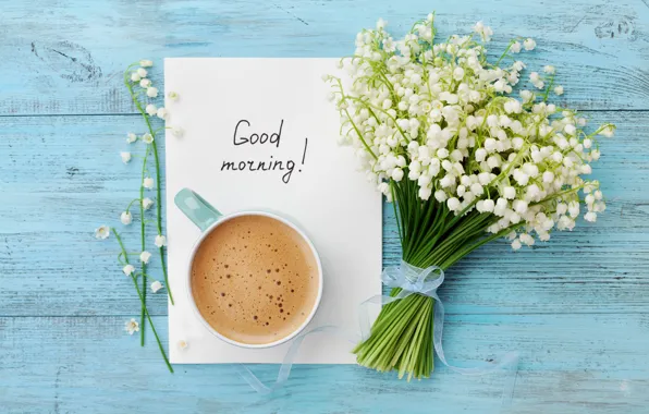 Обои цветы, утро, cup, flowers, чашка, букет, кофе, coffee, lily, wood, Good Morning, ландыши
